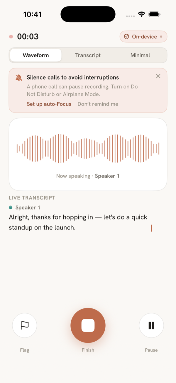 Recording with live waveform and transcript